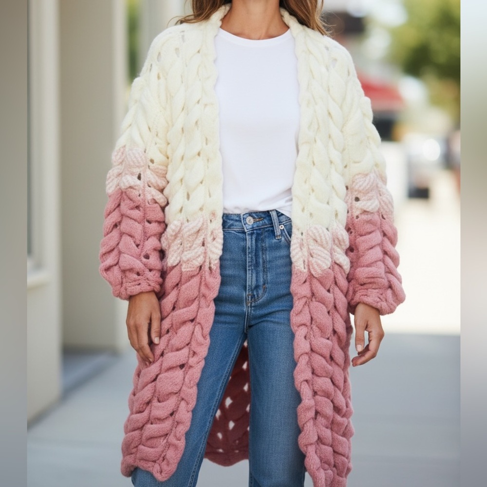 Pink & Cream Hand Knit Sweater - Picture 3 of 13